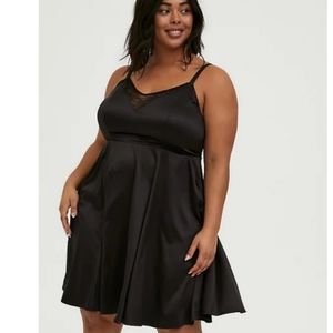 Torrid 0 black satin & lace skater dress